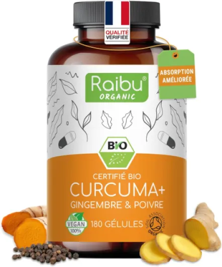 Curcuma gingembre poivre noir 1500mg, 180 gélules de curcumine bio - curcuma bio gelule anti inflammatoire, bien-être articulaire, santé du foie, immunité - testé en laboratoire, Raibu