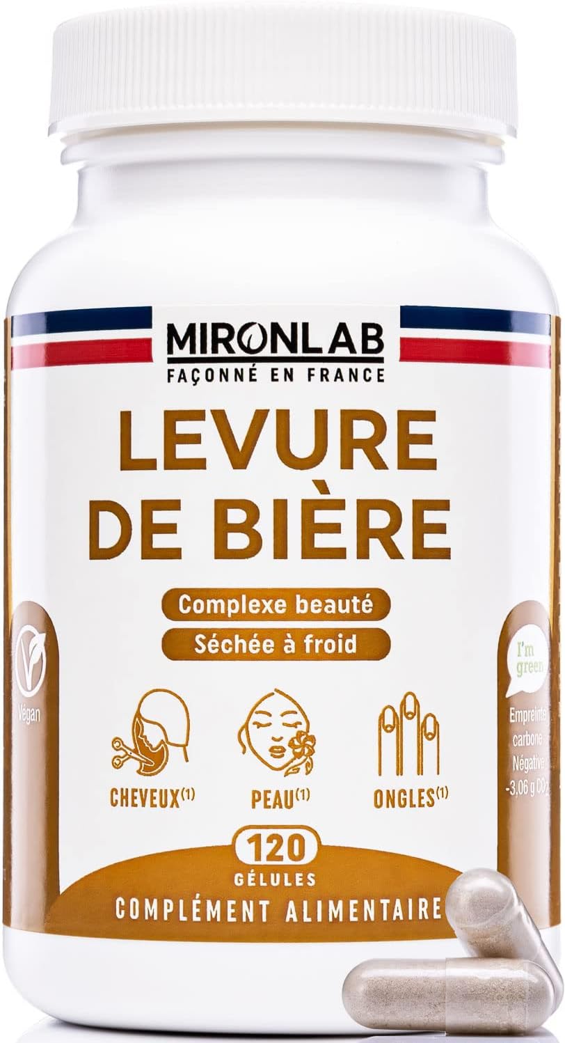 Levure de Bière Active - Pousse Cheveux - Haut Dosage 1640mg - Testé - Enrichi Vitamines & Minéraux - Complément alimentaire Peau & Ongles - 120 gélules/1 mois - Laboratoire Français MIRONLAB 120 unité (Lot de 1)