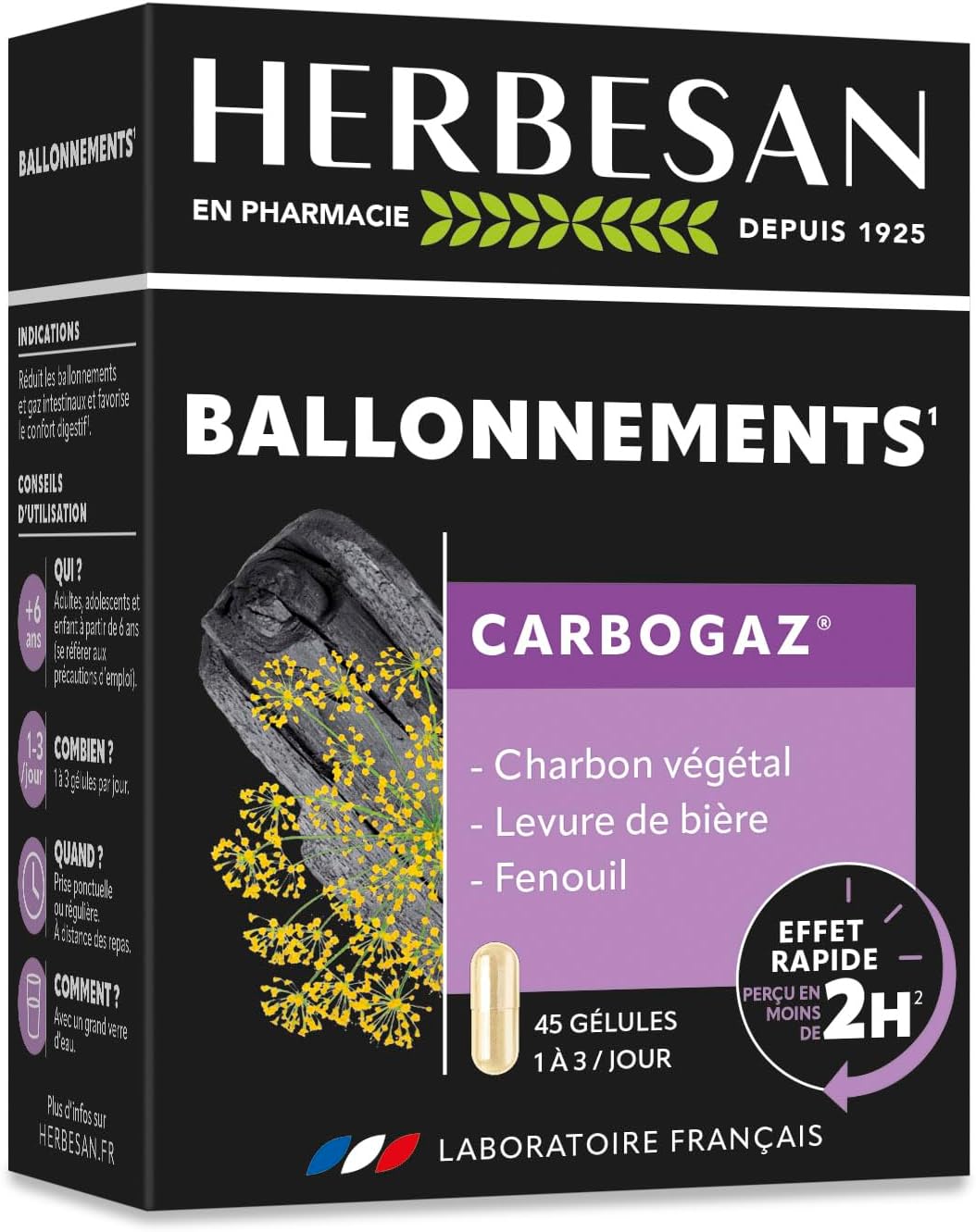 ®-CARBOGAZ - Ballonements - Charbon végétal, Levure de Bière, Fenouil - Fabrication française - 45 gélules