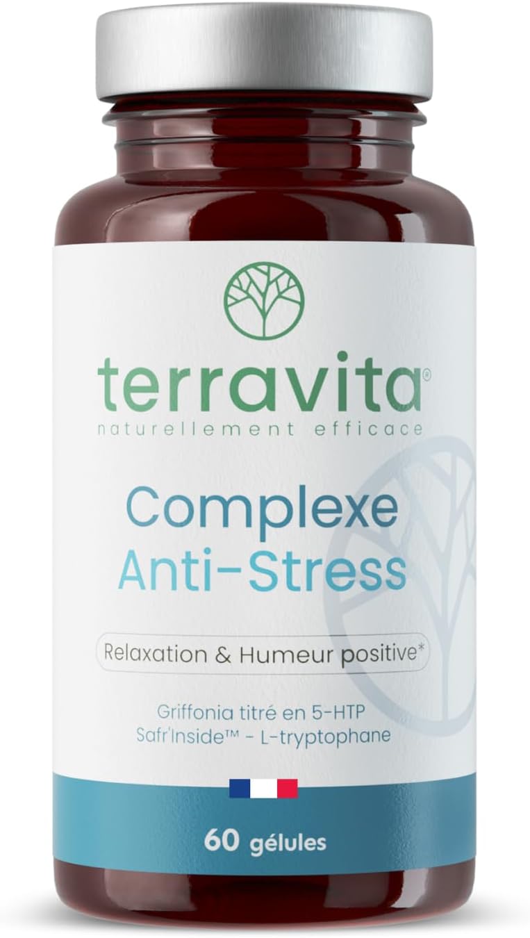 Complexe ANTI-STRESS - Safran Breveté 30mg + Griffonia 5-HTP + L-Tryptophane - Réduction du Stress et de l’Anxiété - Relaxation sans Somnolence - 60 Gélules - Made in France - Terravita