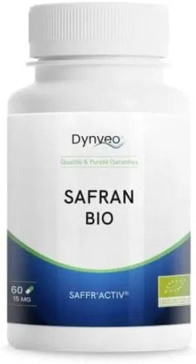 Safran BIO 15 mg - 3% Crocines & 2% Safranal - Stress, Humeur, Sommeil - Extrait breveté SAFFR’ACTIV® - Qualité Sargol Catégorie 1 - Origine Iran - 60 gélules (30 jours) - Vegan & Pur - Dynveo