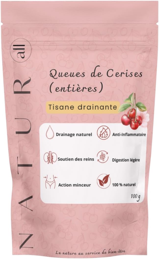Natur'All QUEUES DE CERISES ENTIERES - Tisane Draineur Puissant - Infusion Queue de Cerises en Vrac, tisane minceur, amaigrissement et perte de poids, Tisane Anti-Retention D'Eau, 100G, 100% Naturel