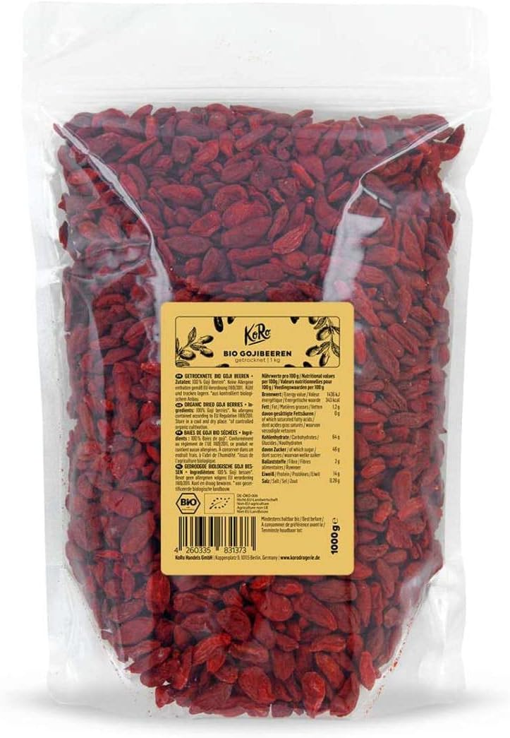 Baies de Goji Bio 1 kg - Super-aliment Naturel, Séchées Sans Additifs, Riches en Fibres et Protéines, Idéales pour Mueslis, Salades et Recettes