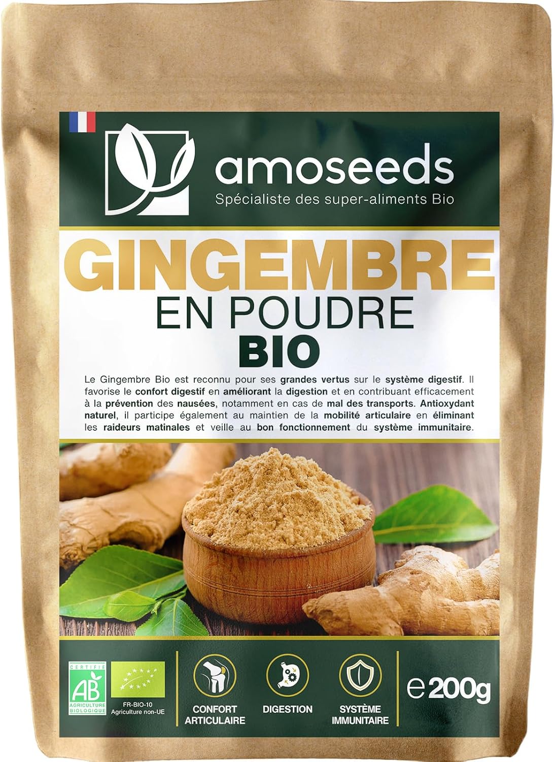 Gingembre en Poudre Bio 200G - Antioxydant, Articulations, Anti-nausée - Goût citronné et piquant - Qualité Supérieure