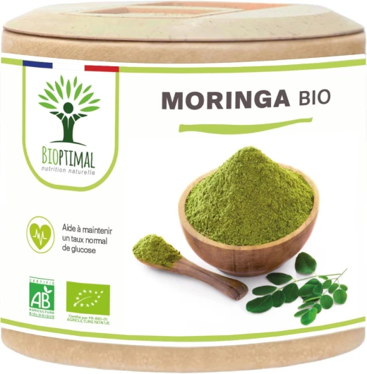 BIOPTIMAL - Moringa Bio - Complément alimentaire - Poudre de Moringa Oleifera en gélules - Glycémie - Dose 300 mg - Fabriqué en France - Certifié Ecocert - Vegan - 60 gélules 60 unité (Lot de 1)
