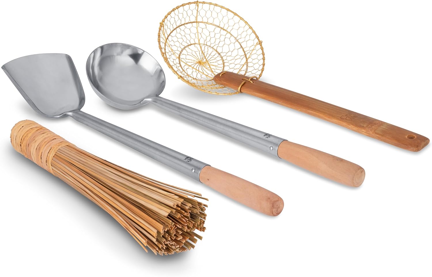 Craft Wok Tools 732W9 Lot de 4 ustensiles de cuisine traditionnels asiatiques avec manche en bois Louche, spatule, passoire, brosse en bambou
