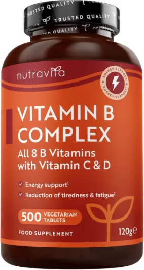 Vitamine B Complex avec Vitamine C + Vitamine D - 500 Comprimés pour + 1 An de d'Utilisation - Les 8 Vitamines B + Biotine - Métabolisme, Fonction Psychologique, Système Nerveux (EFSA)