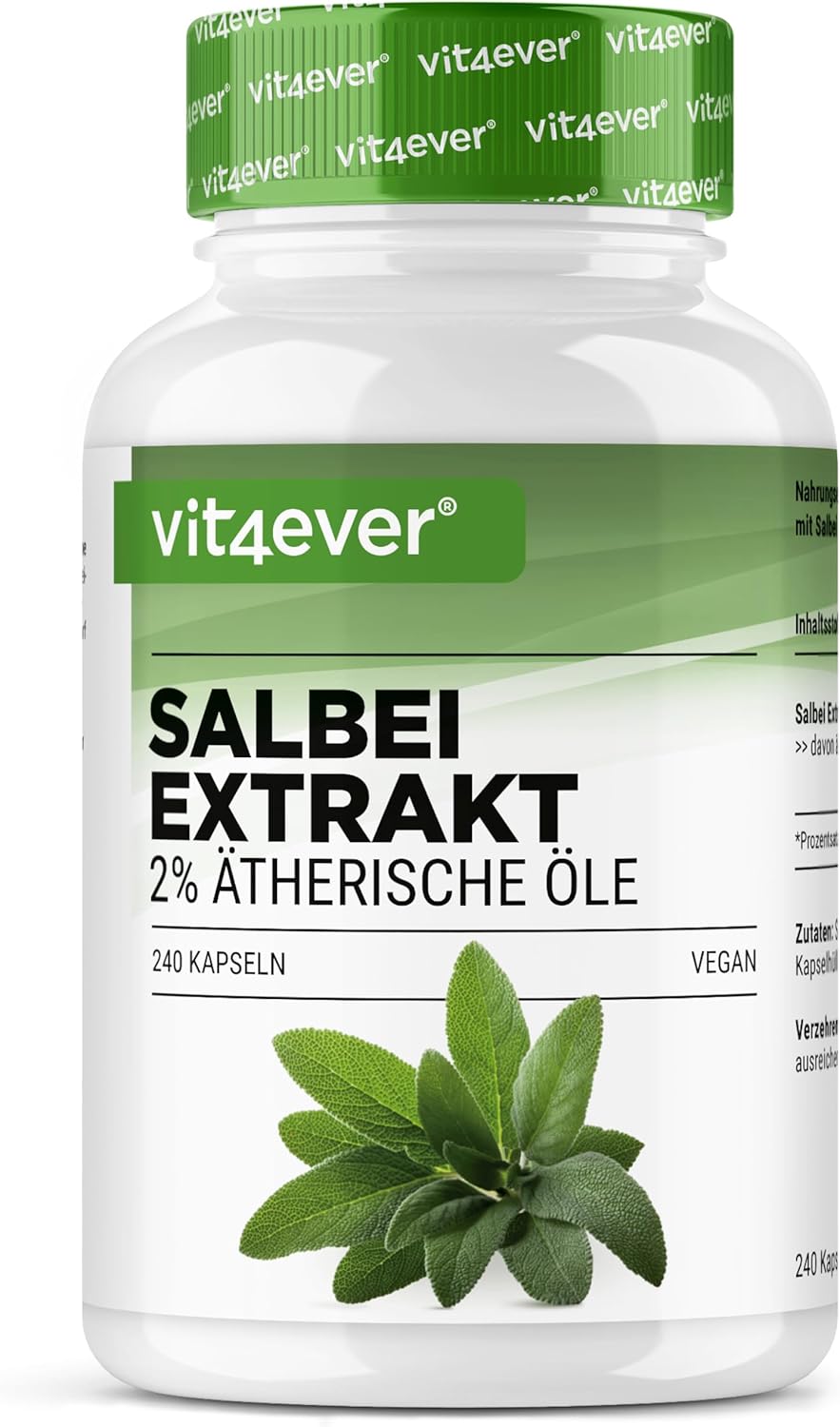 Sauge - 240 gélules hautement dosées - 6000 mg de sauge par gélule (Salvia officinalis 10:1 extrait) - 2% d'huiles essentielles - 7 mois d'approvisionnement - Sans additif indésirable - Vegan