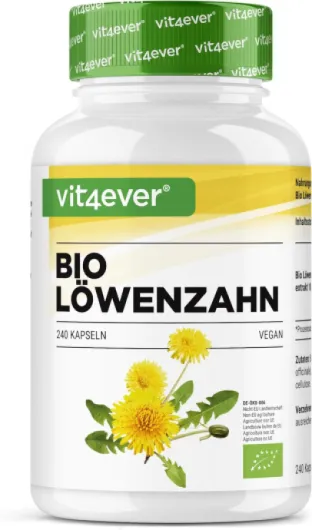 Pissenlit bio – 240 gélules – 1500 mg d'extrait de racine de pissenlit - Rapport 10:1 hautement dosé - Extrait véritable de Taraxacum officinale - Sans additifs – Vegan