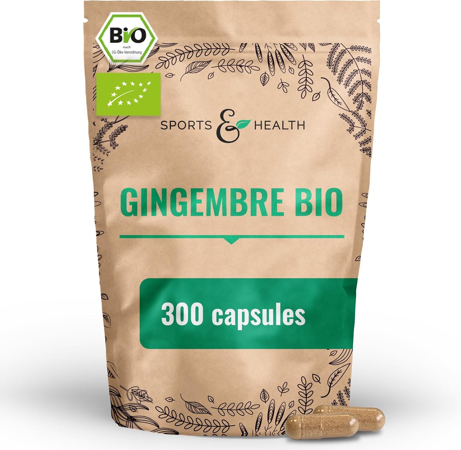Gingembre gelule - BIO - 300 gélules pleines de gingembre bio - 600 mg par jour - Vegan - Sans additifs - Gélules de gingembre fortement concentrées