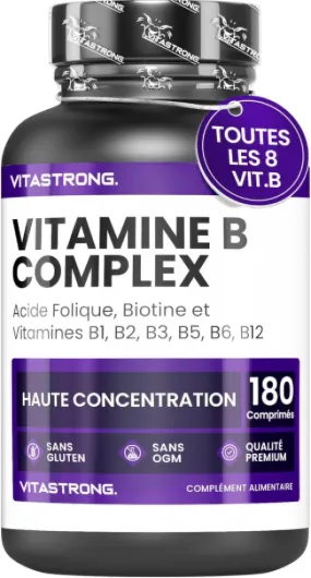 Vitamine B Complex haute dose-180 comprimés de vitamines du groupe B avec de la biotine, B1,B2 B3,B5, vitamine B6, vitamine B12 et acide folique - Pour la réduction de la fatigue et de l'épuisement