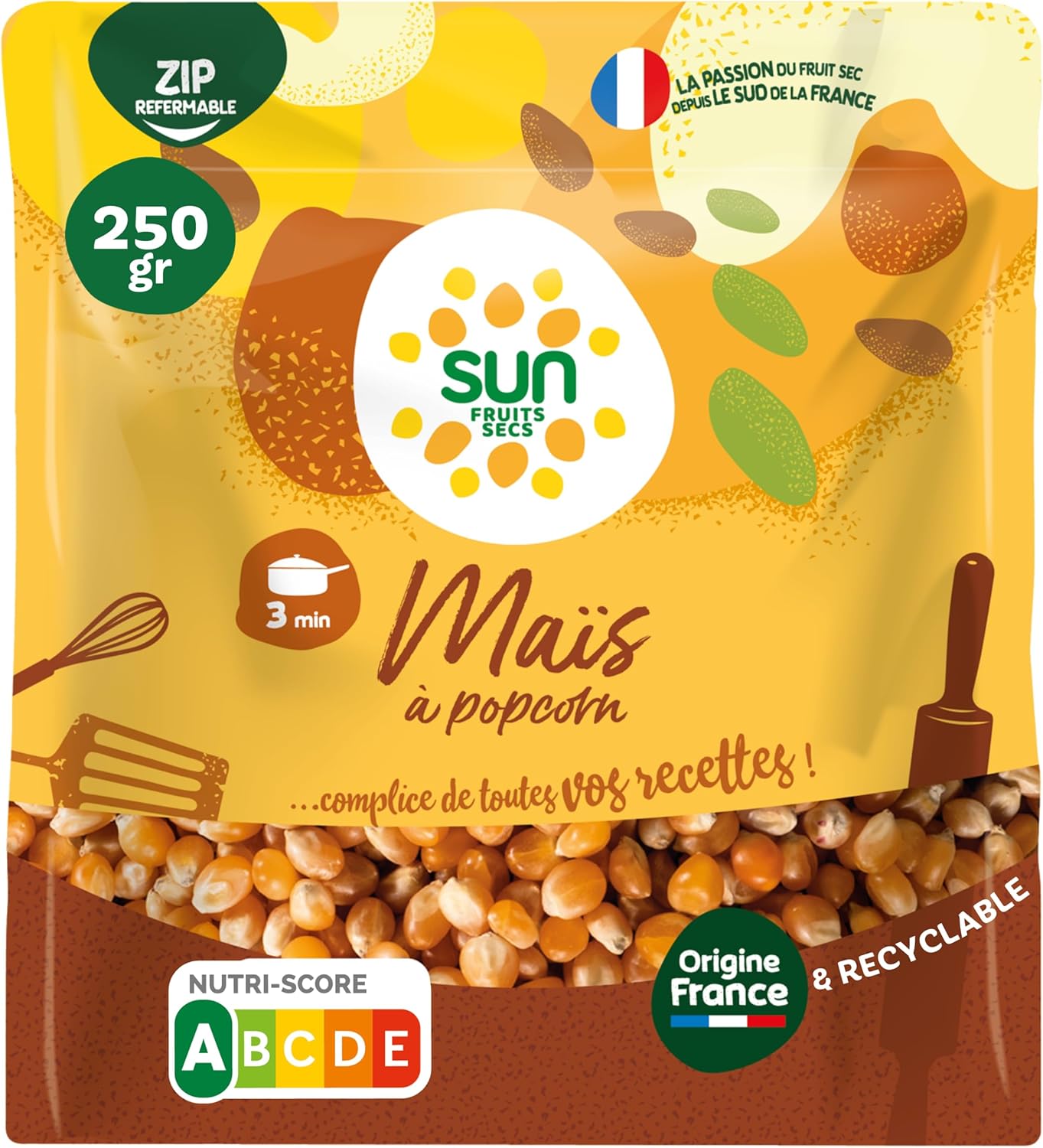 SUN - Maïs à Éclater 250 g - Maïs pour Pop Corn - Maïs en Grains pour Cuisson Poêle, Casserole, Micro-Ondes & Machine à Popcorn - À Saler ou Sucrer - Anniversaire, Fête, Cinéma, Film 250 g (Lot de 1)