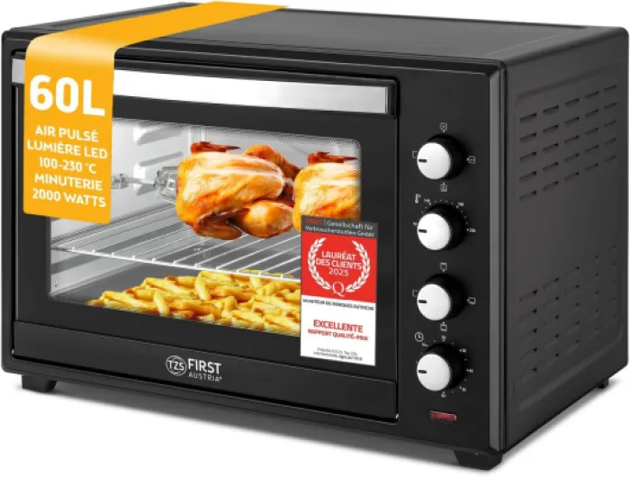 TZS First Austria - Mini-Four 60L 2000W - Four spacieux pour pizza avec température jusqu'à 230°C et 6 modes - Avec minuterie de 60 min, 4 hauteurs d'insertion, plaque, grille et tournebroche rotatif