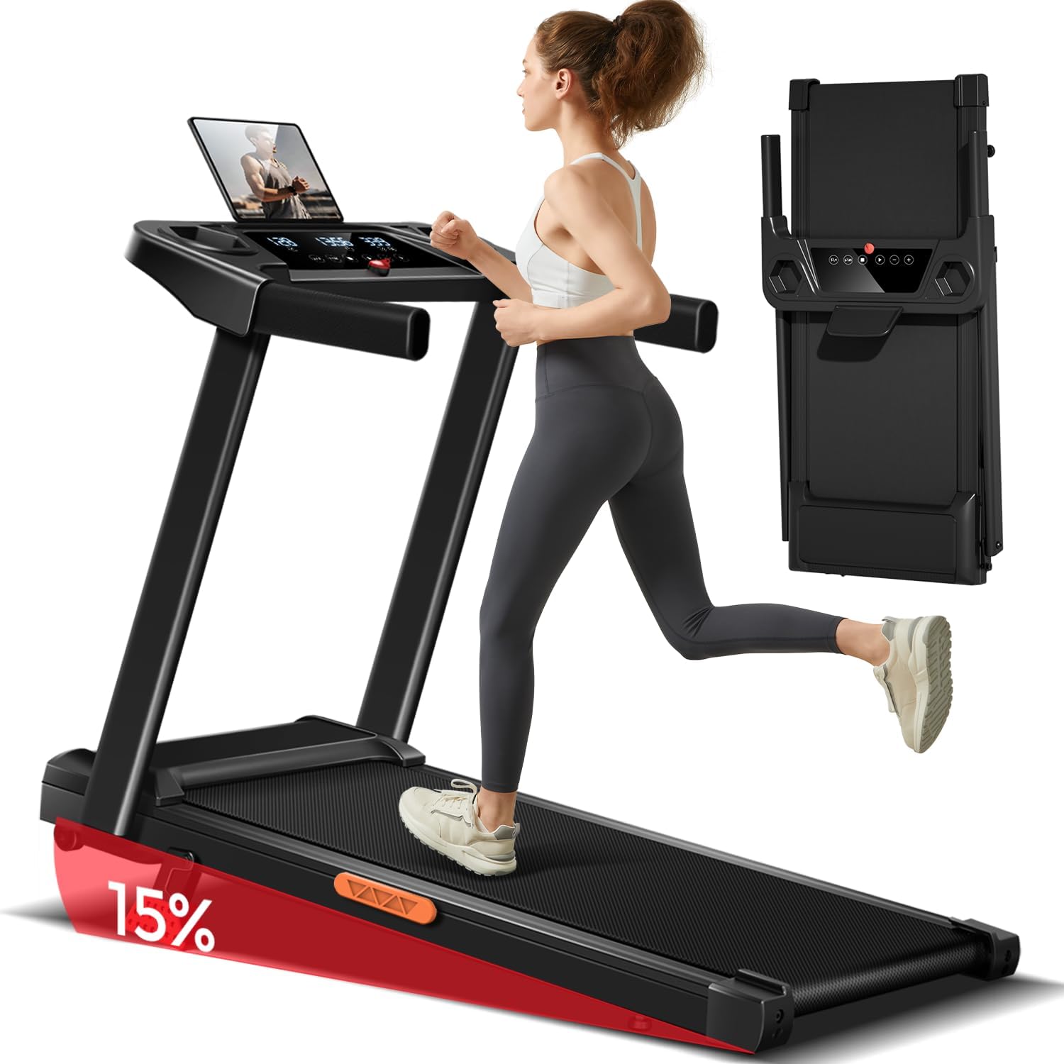Tapis de Course Pliable Inclinable 9%-15%,Tapis de Marche Inclinable 12KM/H,Treadmill Home avec Moteur 3,0 CV et Affichage LED, Charge Max.136KG 15% Inclinable