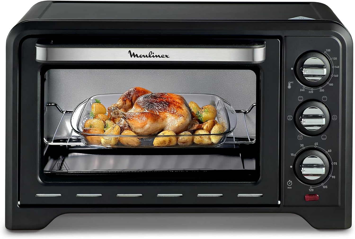 Four électrique posable 19 L, Compact, chaleur tournante, 6 modes de cuisson, Thermostat réglable jusqu’à 240°C, Minuteur 120 min, Grille réversible, Lèche frites, Optimo noir OX444810 19L Noir