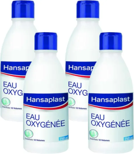 Eau oxygénée 10 volumes (250 ml), Désinfectant nettoyage et hygiène de la peau, Antiseptique pour désinfection des petites plaies ou blessures superficielles (Lot de 4)