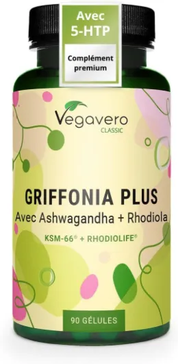 5-HTP GRIFFONIA 250 mg - Avec Ashwagandha KSM-66® BIO et Rhodiola Rosea - Sommeil et Détente - Rhodiolife® - Vegan & SANS ADDITIFS - 90 Gélules (3 mois)