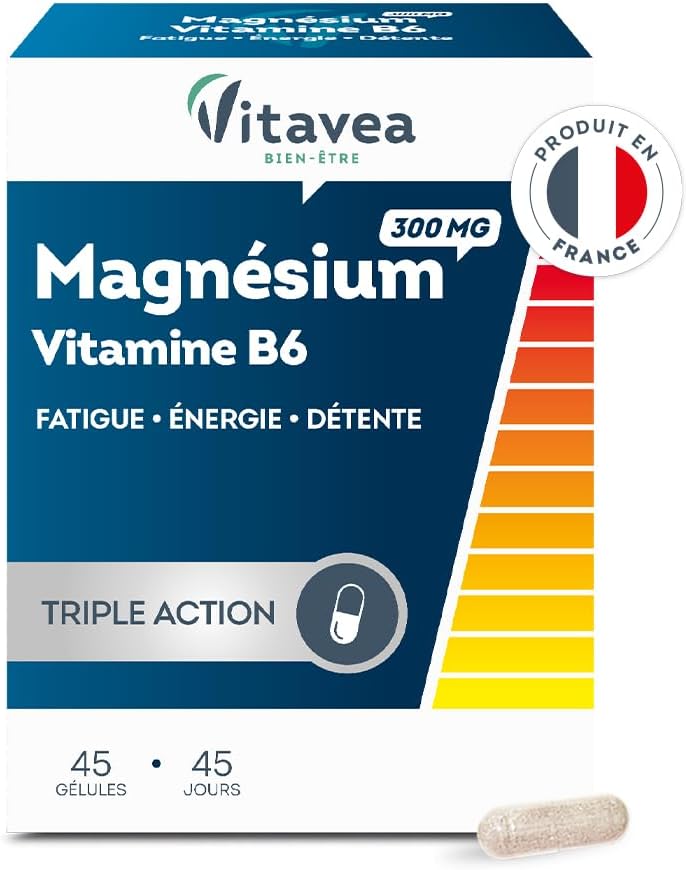 VITAVEA BIEN-ETRE - Magnésium 300 mg Vitamine B6 - Complément Alimentaire Fatigue, Détente, Energie, Relaxation, Equilibre Nerveux - Magnesium B6-45 gélules - Cure de 45 jours - Fabriqué en France 45 unité (Lot de 1) 45 gélules