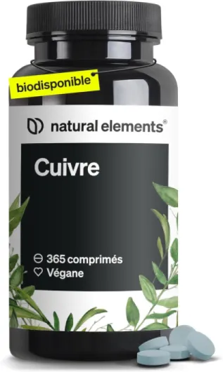 Cuivre – 365 comprimés véganes – 2 mg de cuivre par dose journalière – goût neutre, hautement dosé, sans additifs inutiles – fabriqué et contrôlé en laboratoire en Allemagne