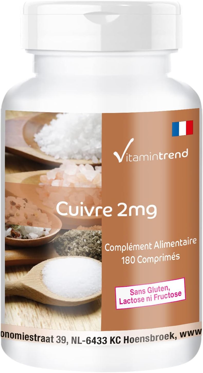 Cuivre 2mg - Végan - Complément alimentaire hautement dosé - Boite de 180 comprimés - ! POUR 6 MOIS ! - Vitamintrend®
