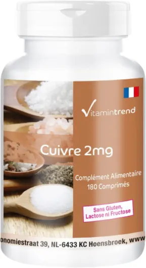 Cuivre 2mg - Végan - Complément alimentaire hautement dosé - Boite de 180 comprimés - ! POUR 6 MOIS ! - Vitamintrend®
