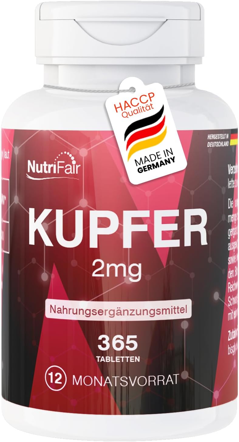 Cuivre 2 mg - 365 comprimés - Bisglycinate de cuivre - Dosage élevé - 100% végétalien - Production et tests en laboratoire en Allemagne - NutriFair - Premium & Fair