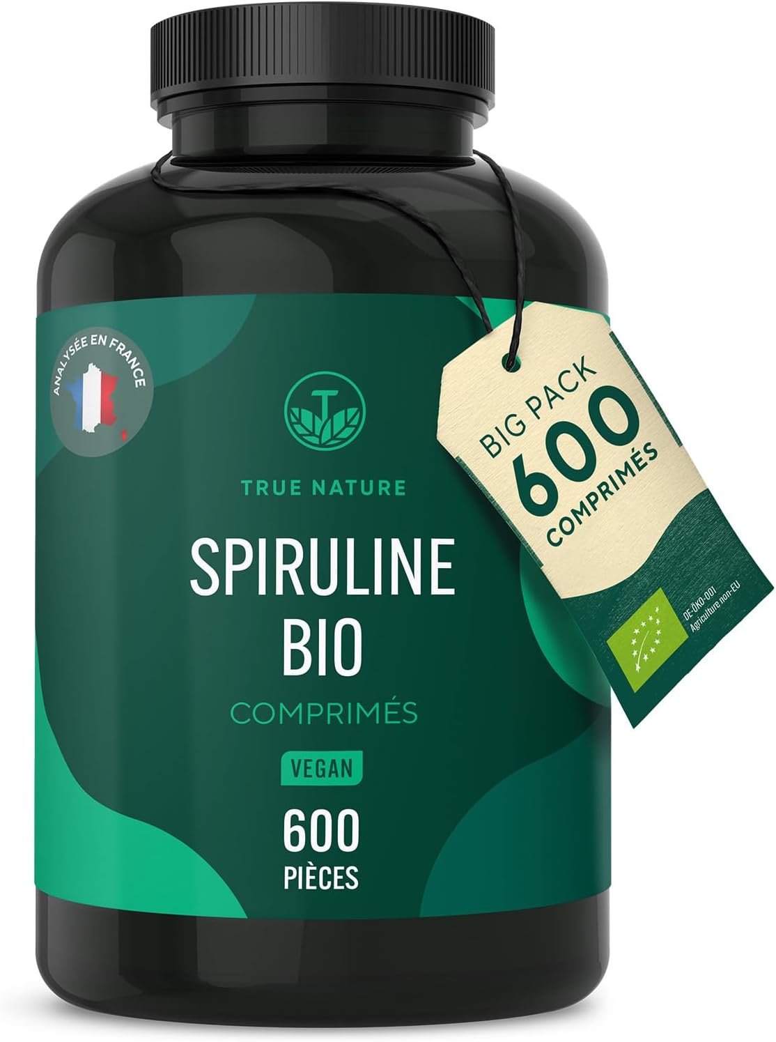 Spiruline Bio - 600 comprimés de 500mg - Cure de 2.5 mois - Riche en Phycocyanine - Antioxydants, Vitamines & Minéraux - Vegan - Sans Additifs, Lactose & Gluten - TRUE NATURE