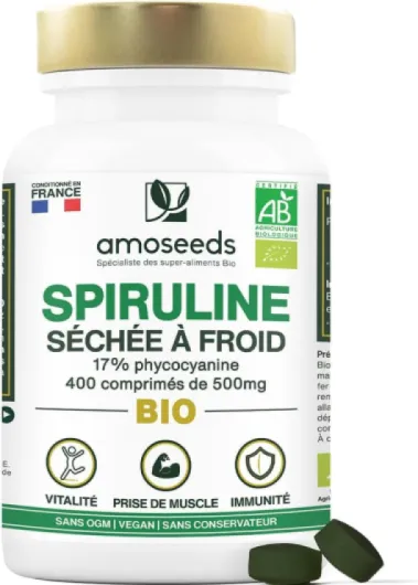 Spiruline BIO Extra Forte - 400 comprimés vegan de 500mg - Jusqu'à 19% Phycocyanine, Séchée à froid - 4500mg par jour - Vitamines, Réduit la Fatigue, Immunité - Qualité Supérieure