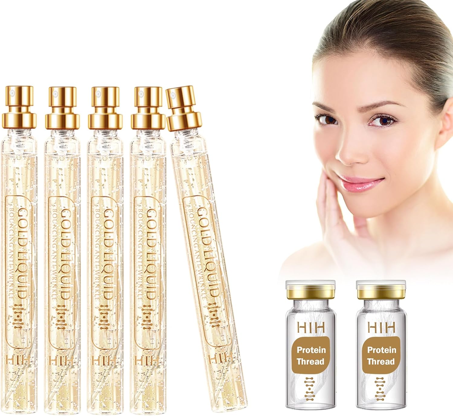 Sérum pour le visage doré,Fils de Collagène Absorbants,Fil de Soie de collagène Actif de sérum de Visage d'or 24K,Réduire les Rides,Absorbable Collagen Thread for Face Lift Anti-aging Moisturizing (A)