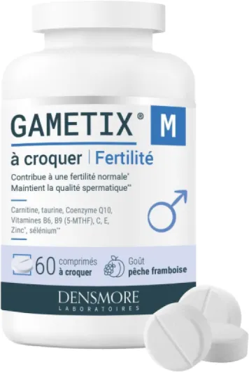 GAMETIX M à Croquer – Complément Alimentaire Fertilité Masculine à base de Coenzyme Q10, Zinc, Sélénium, Vitamines C, E, B6 et B9 - Goût Pêche Framboise - 60 Comprimés - Fabriqué en France