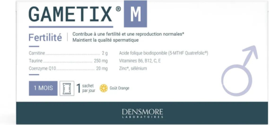 GAMETIX M - Complément Alimentaire Fertilité et Reproduction Homme - Vitamines, Minéraux, Zinc, Sélénium, Carnitine, Taurine, Coenzyme Q10 - 30 sachets - 1 mois - Fabriqué en France cure de 1 mois