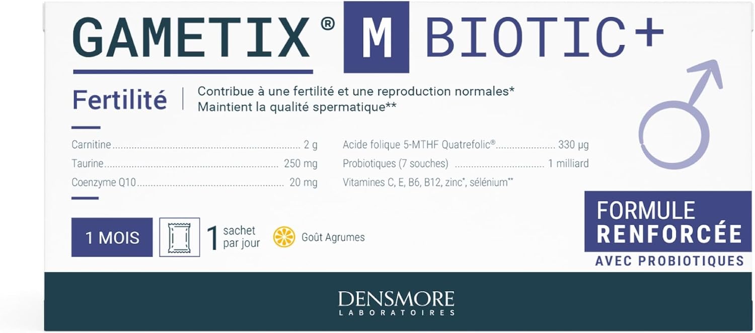 GAMETIX M BIOTIC+ Formule avec Probiotiques - Fertilité Masculine - Carnitine, Coenzyme Q10, Zinc, Vitamines - Complément Alimentaire Homme - 30 Sachets - 1 Mois - Fabriqué en France