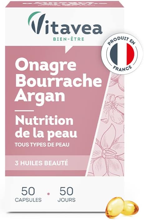 Vitavea - Complément Alimentaire Éclat, Souplesse et Nutrition de la Peau - Huiles d'Onagre, de Bourrache et d'Argan - tous types de peaux - 50 capsules - Cure 50 jours - Fabriqué en France