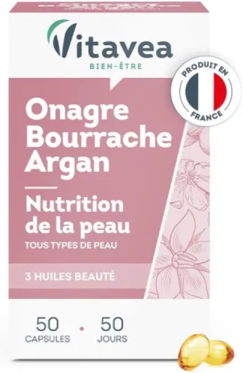 Vitavea - Complément Alimentaire Éclat, Souplesse et Nutrition de la Peau - Huiles d'Onagre, de Bourrache et d'Argan - tous types de peaux - 50 capsules - Cure 50 jours - Fabriqué en France