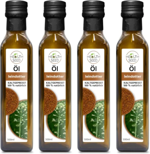 Health Seed® 4 x 500 ml / 2 litres – Huile de caméline non filtrée – Bouteille en verre 100 % pure pressée à froid – Fraîcheur du fabricant