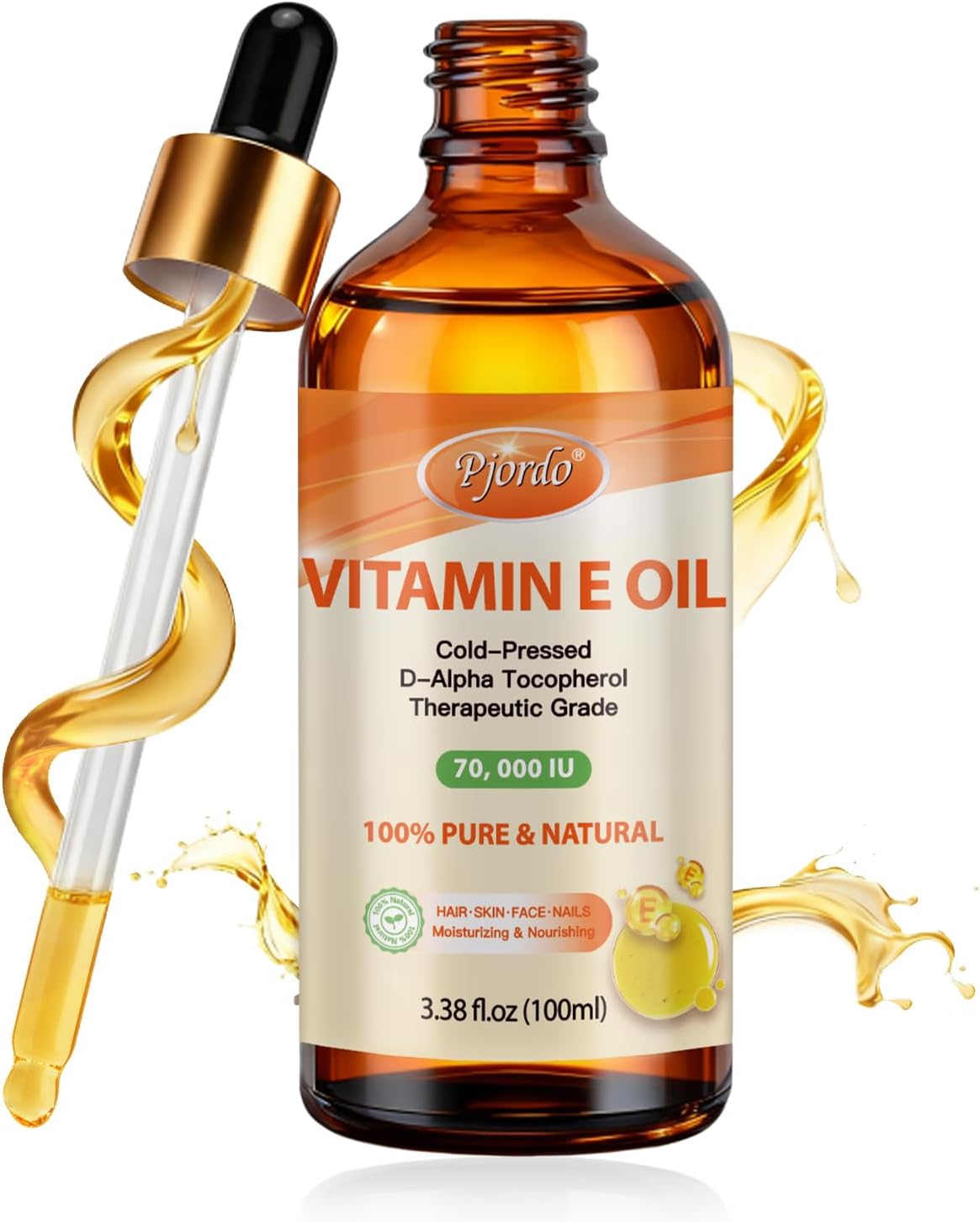 Huile de Vitamine E - 100% Pure et Naturelle, Vitamine E Huile 70 000 UI pour la Peau, le Visage, les Cheveux, les Ongles et les Cicatrices, Hydratation Profonde et Raffermissement de la Peau