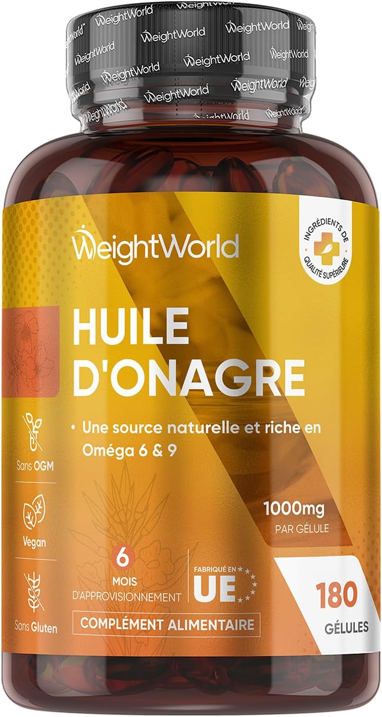 Huile d'Onagre Pressée à Froid 1000mg - 180 Gélules Vegan Multi Usages pour 6 Mois - Riche en Oméga 6 & 9 avec Acide Linoléique, Oléique & Gamma-linolénique, Testé par Eurofins, sans OGM & Gluten