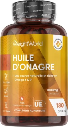 Huile d'Onagre Pressée à Froid 1000mg - 180 Gélules Vegan Multi Usages pour 6 Mois - Riche en Oméga 6 & 9 avec Acide Linoléique, Oléique & Gamma-linolénique, Testé par Eurofins, sans OGM & Gluten