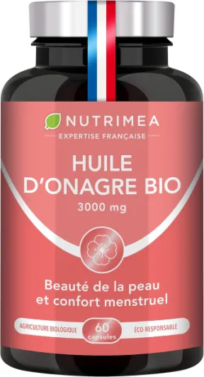 Huile d’Onagre BIO - 3000 mg dont 270 mg de GLA - Pression à Froid - 100% Naturel - Confort Prémenstruel et Beauté de la Peau - Qualité Premium - 60 Capsules - Nutrimea - Fabriqué en France Huile D'onagre