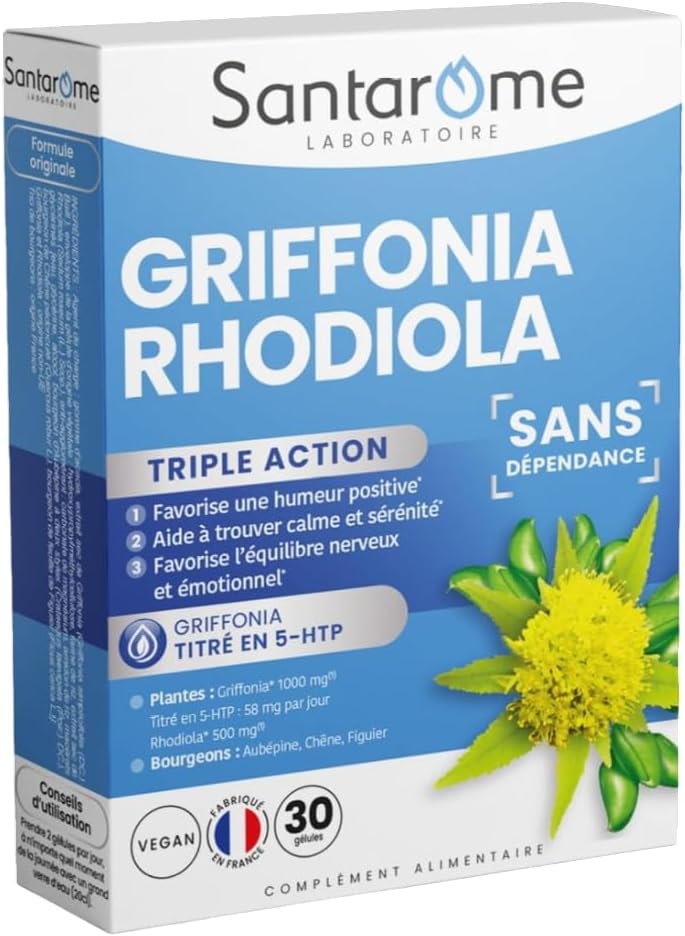 Santarome - Griffonia Rhodiola - Complément alimentaire nervosité - Détente et relaxation - Titré en 5-HTP - 30 gélules - Vegan - Made In France