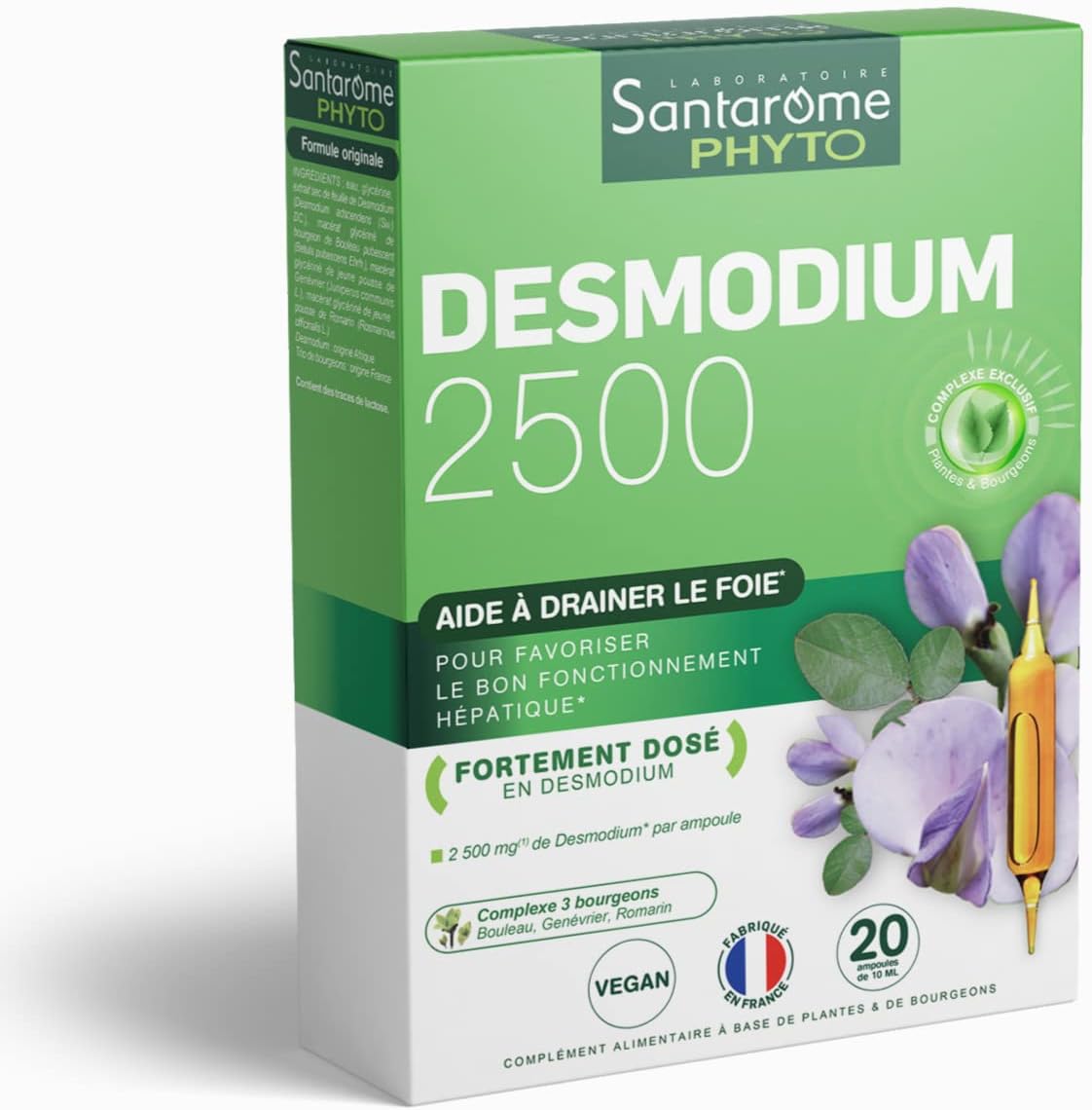 Desmodium 2500 - Complément Alimentaire Détoxifiant du Foie - Fonctionnement Hépatique, Protection & Détoxification du Foie - A base de plantes - 20 ampoules - Made In France - Végan Desmodium 2500 - 20 ampoules