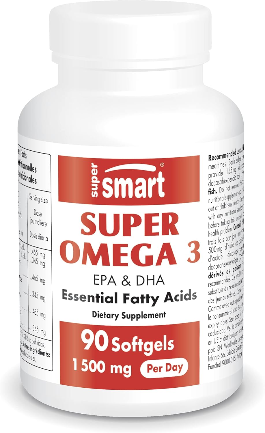 Super Omega 3 - Complément Naturel d'Oméga-3 le Plus Pur du Marché - Santé Cardiovasculaire - Antioxydant - Anti-Inflammatoire - Enrichi en Vitamine E - Issu de la Pêche Durable - Supersmart