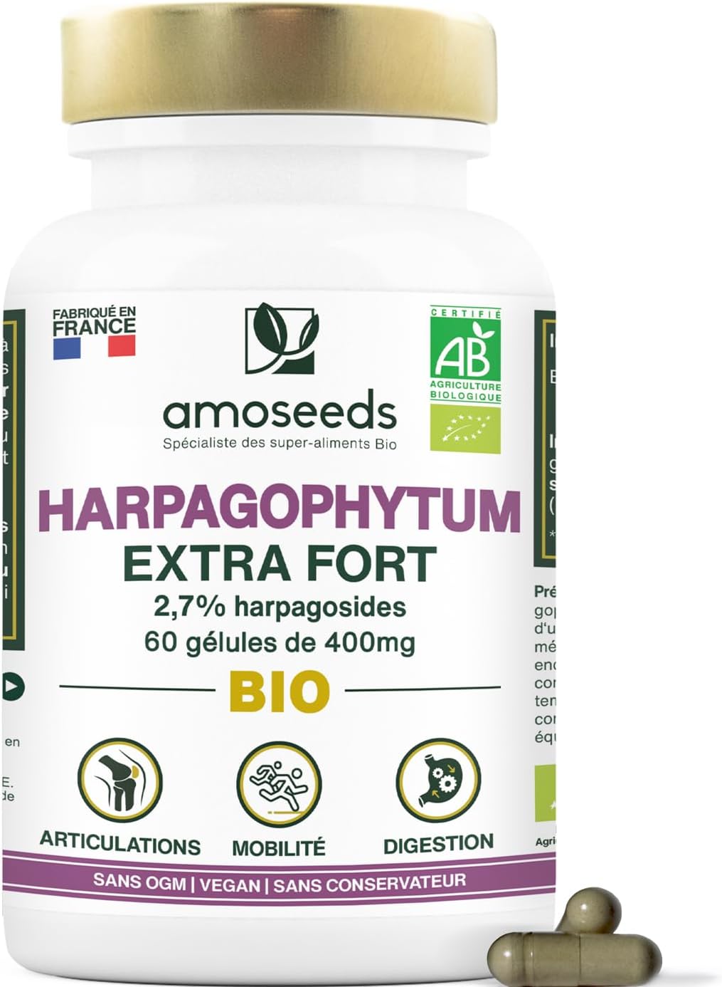 Harpagophytum BIO, Extra Fort - 3000mg par jour, 2,7% Harpagosides - Articulations, Tendons, Mobilité - Griffes du Diable - 60 Gélules Vegan - Qualité Supérieure