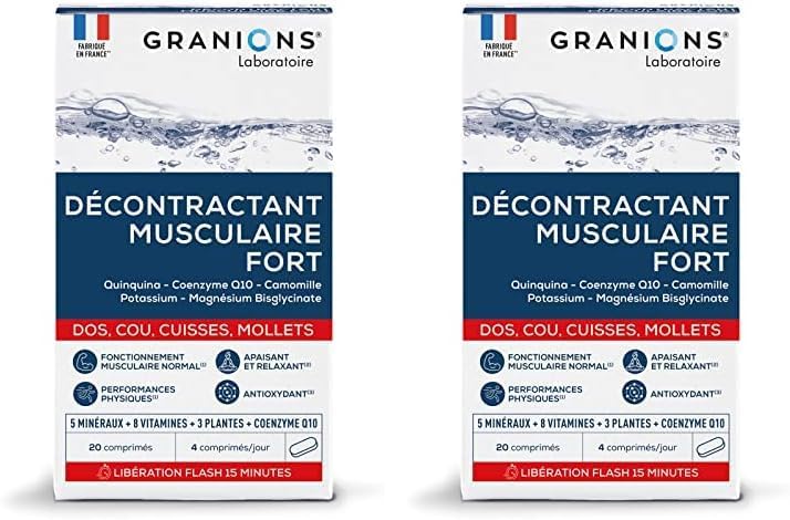 Décontractant Musculaire Fort - Apaise les contractures du dos, cou, cuisses, mollets I Douleurs Intenses - 5 minéraux, 8 vitamines, 3 plantes - Co-enzyme Q10 - Action rapide 15min - 20 comp Blanc 1 unité (Lot de 2)