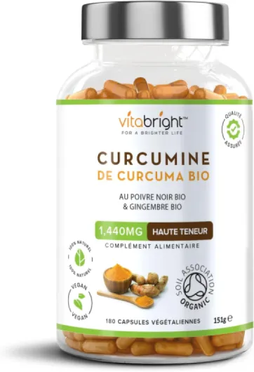 Curcuma Gingembre Poivre Noir 1440 mg, 180 Gélules de Curcuma Bio Poudre (Curcumine Bio) Complément Alimentaire Curcuma Piperine et Gingembre Gelule, Turmeric Curcuma Gelules VitaBright 180 unité (Lot de 1)