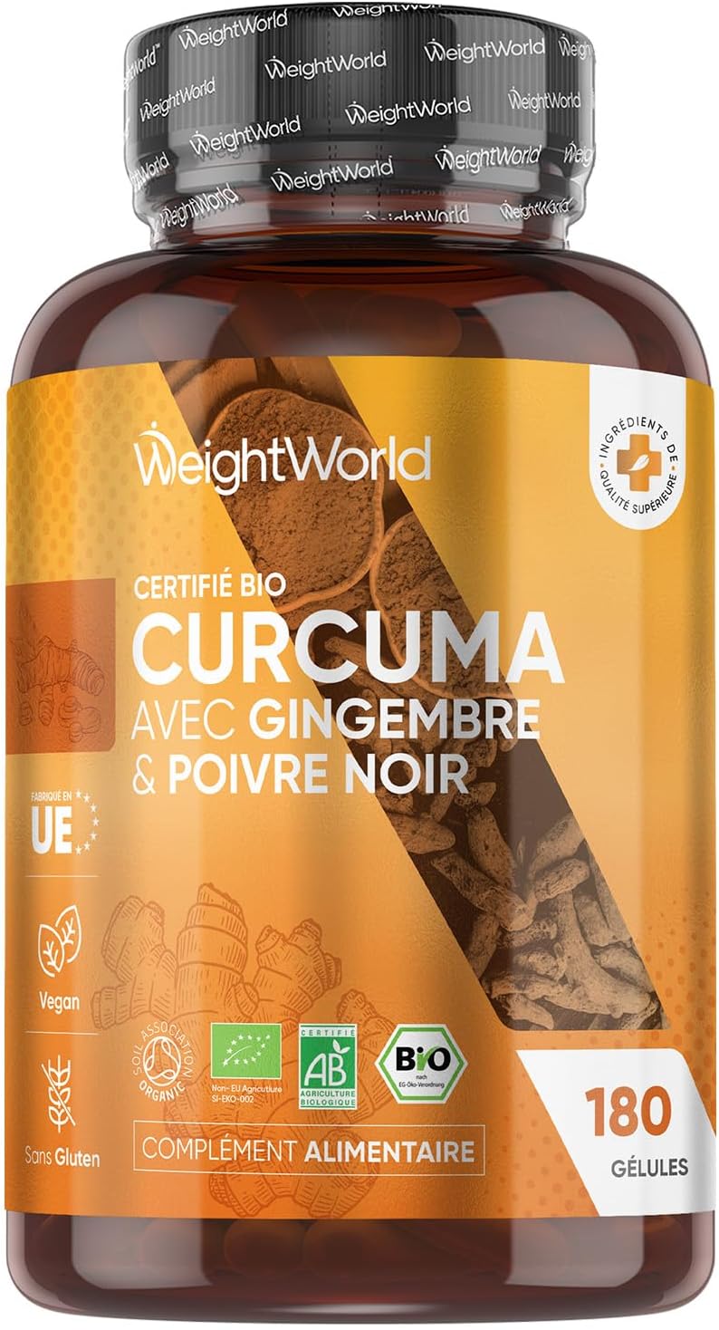 Curcuma Bio Gélules, Poivre Noir & Gingembre, 180 Gélules Vegan, Curcuma Complex Certifié Agriculture Biologique - Turmeric Source de Curcumine, Vitamines et Minéraux - sans OGM, Fabriqué en Europe