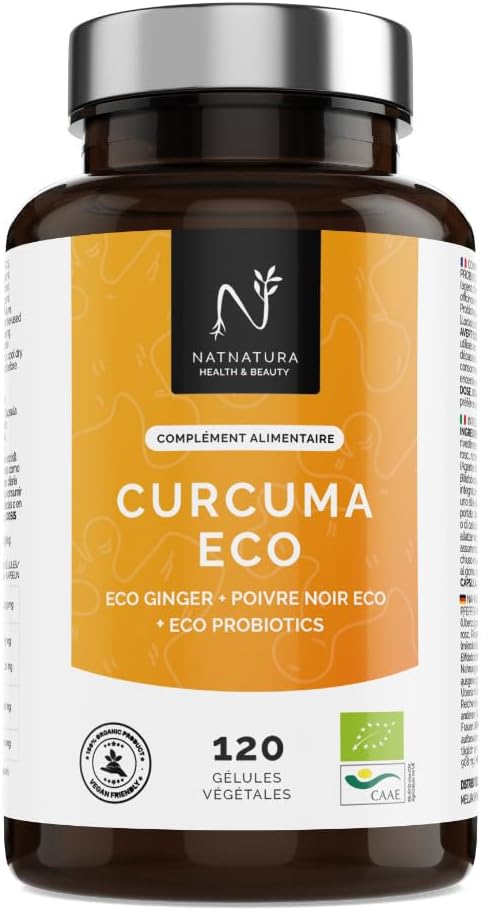 Curcuma bio 2235 mg avec Gingembre, Poivre Noi et Probiotique Bio – 120 Gélules-Certifié Agriculture Biologique - Haute concentration de Curcumine - Puissant Anti inflammatoire Naturel - Fabriqué en EU