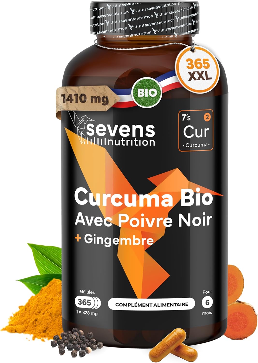Curcuma Bio Gélule Anti Inflammatoire avec Gingembre et Poivre Noir – 1410 mg par Dose – 365 Gélules – Format XL Éco – Complément Articulations Os Vegan Naturel – Sevens