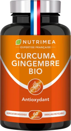 CURCUMA - Extrait de Curcuma BIO Titré à 95% en Curcuminoïdes - Avec Gingembre BIO - Anti Inflammatoire & Antioxydant - Douleurs Articulaires - Nutrimea - 60 Gélules Vegan - Fabriqué en France
