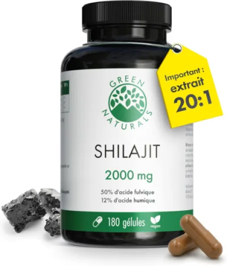 Shilajit 40.000 mg (extrait 20:1) - Gélules Himalaya originales contenant 50% d'acide fulvique et 12% d'acide humique – 180 gélules (3 mois) – Végétalien et testé en laboratoire – Green Naturals®